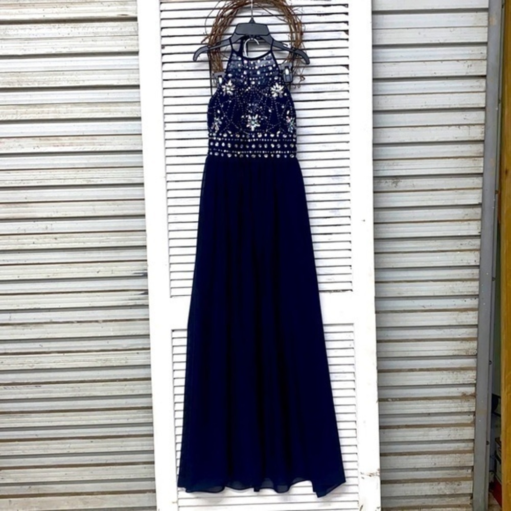 Navy Blue High Neck Formal Bling Dress size 9/10